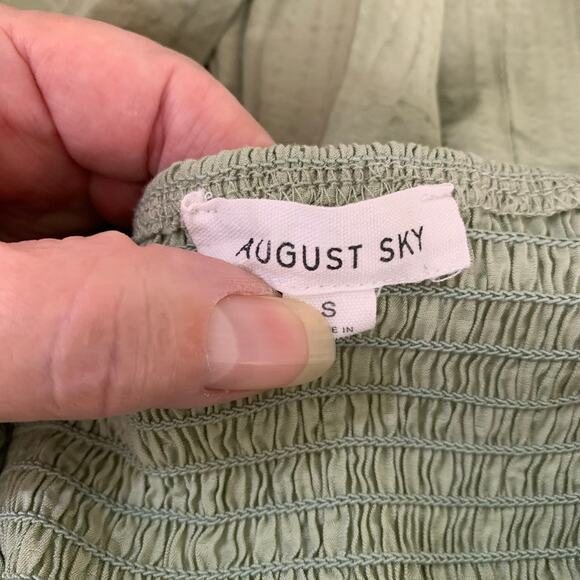 August Sky Size S Smocked Midi Dress Green Ruffle Straps Summer Cottagecore - Picture 11 of 12